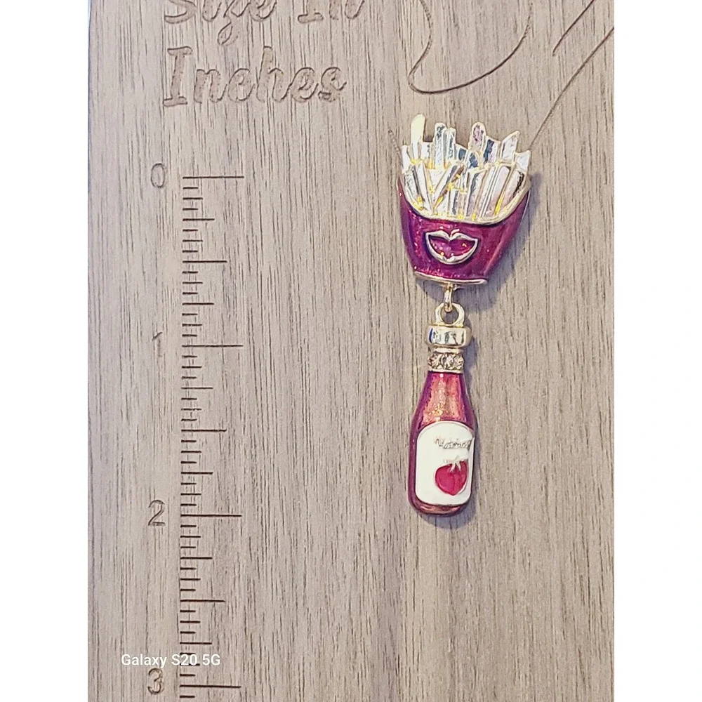 Fast Food Burger Fries Soda Ketchup Mismatched Enamel Rhinestone Drop Earrings
